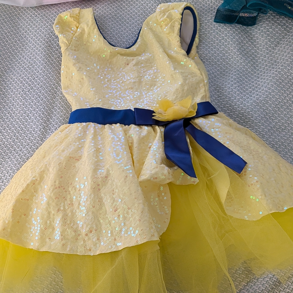 Revolution Dancewear Yellow Sequin Dress with Blue Sash MC - Style RC18632